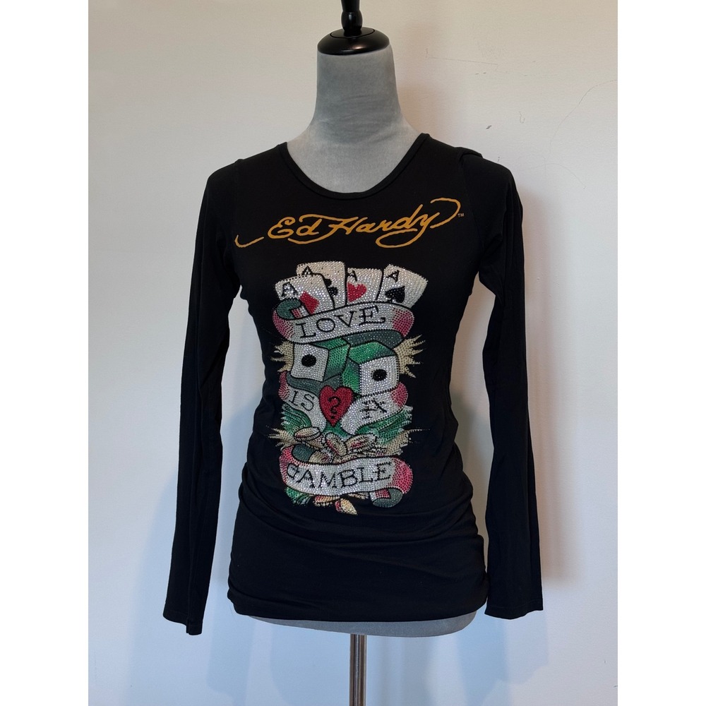 Ed Hardy Love is a Gamble Rhinestone Long Sleeve Tee Black Christian Audigier M